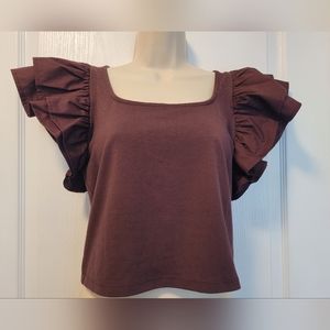 Brown Crop Top Flutter Sleeve Tee Shirt